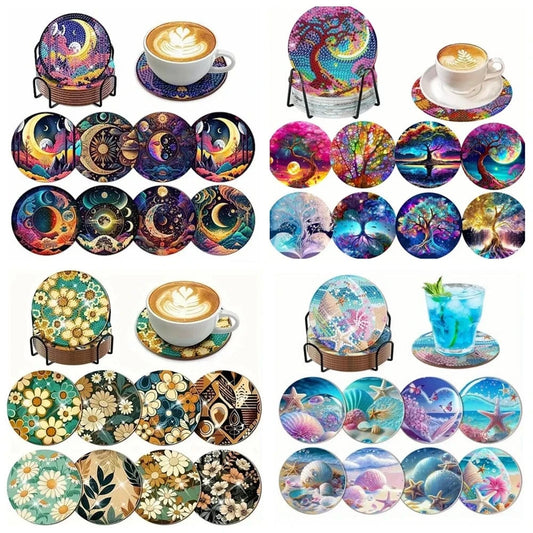 Amazello 8pcs/Set DIY Diamond Painting Coasters with Holder Anti Slip Wood Drip Mats Crystal Rhinestones Diamond Art Coasters for Adults