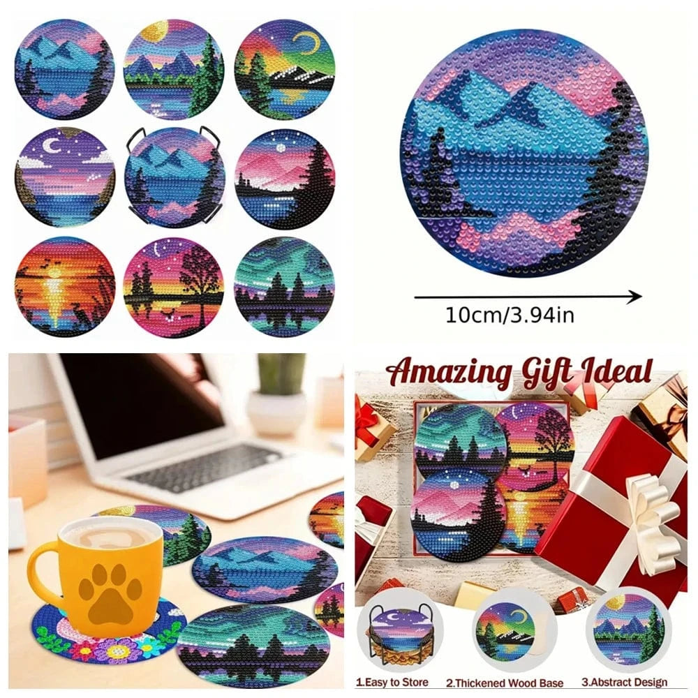 Amazello 8pcs/Set DIY Diamond Painting Coasters with Holder Anti Slip Wood Drip Mats Crystal Rhinestones Diamond Art Coasters for Adults