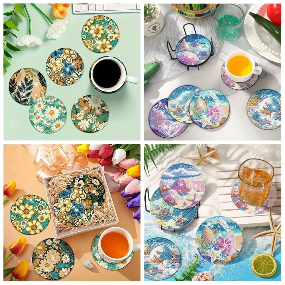 Amazello 8pcs/Set DIY Diamond Painting Coasters with Holder Anti Slip Wood Drip Mats Crystal Rhinestones Diamond Art Coasters for Adults