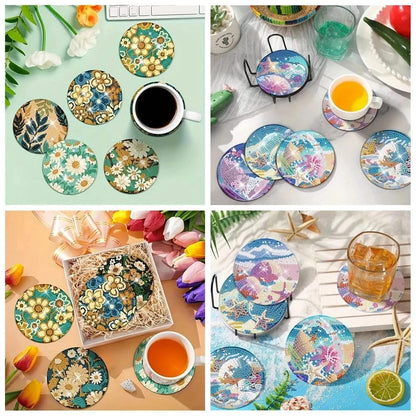 Amazello 8pcs/Set DIY Diamond Painting Coasters with Holder Anti Slip Wood Drip Mats Crystal Rhinestones Diamond Art Coasters for Adults
