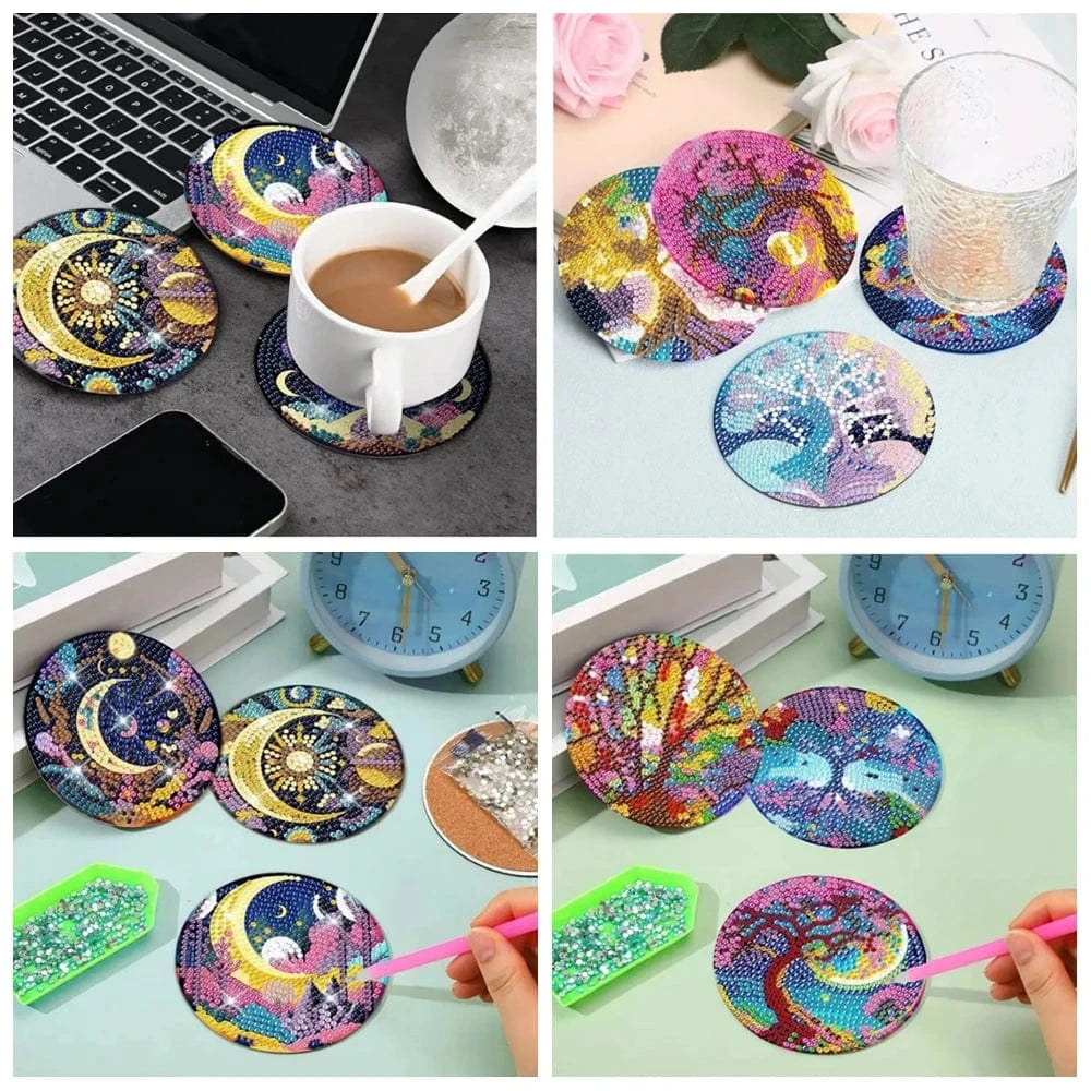 Amazello 8pcs/Set DIY Diamond Painting Coasters with Holder Anti Slip Wood Drip Mats Crystal Rhinestones Diamond Art Coasters for Adults