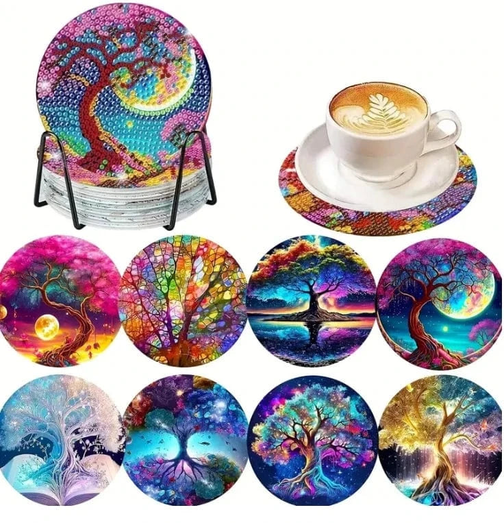 Amazello AA1627-8pcs 8pcs/Set DIY Diamond Painting Coasters with Holder Anti Slip Wood Drip Mats Crystal Rhinestones Diamond Art Coasters for Adults