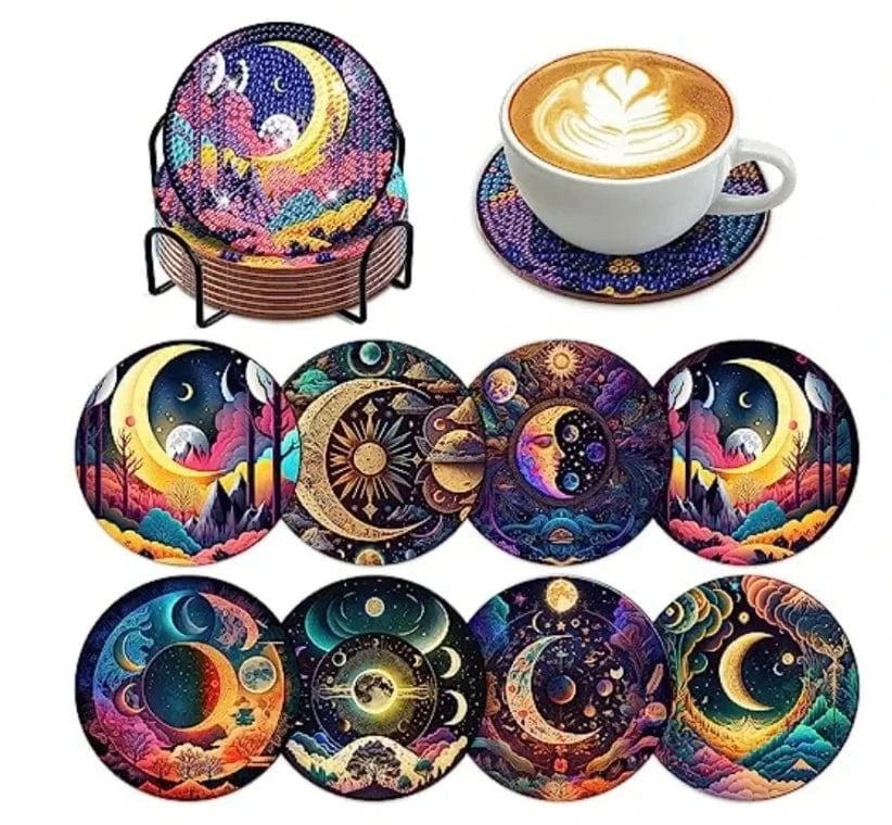 Amazello AA1626-8pcs 8pcs/Set DIY Diamond Painting Coasters with Holder Anti Slip Wood Drip Mats Crystal Rhinestones Diamond Art Coasters for Adults