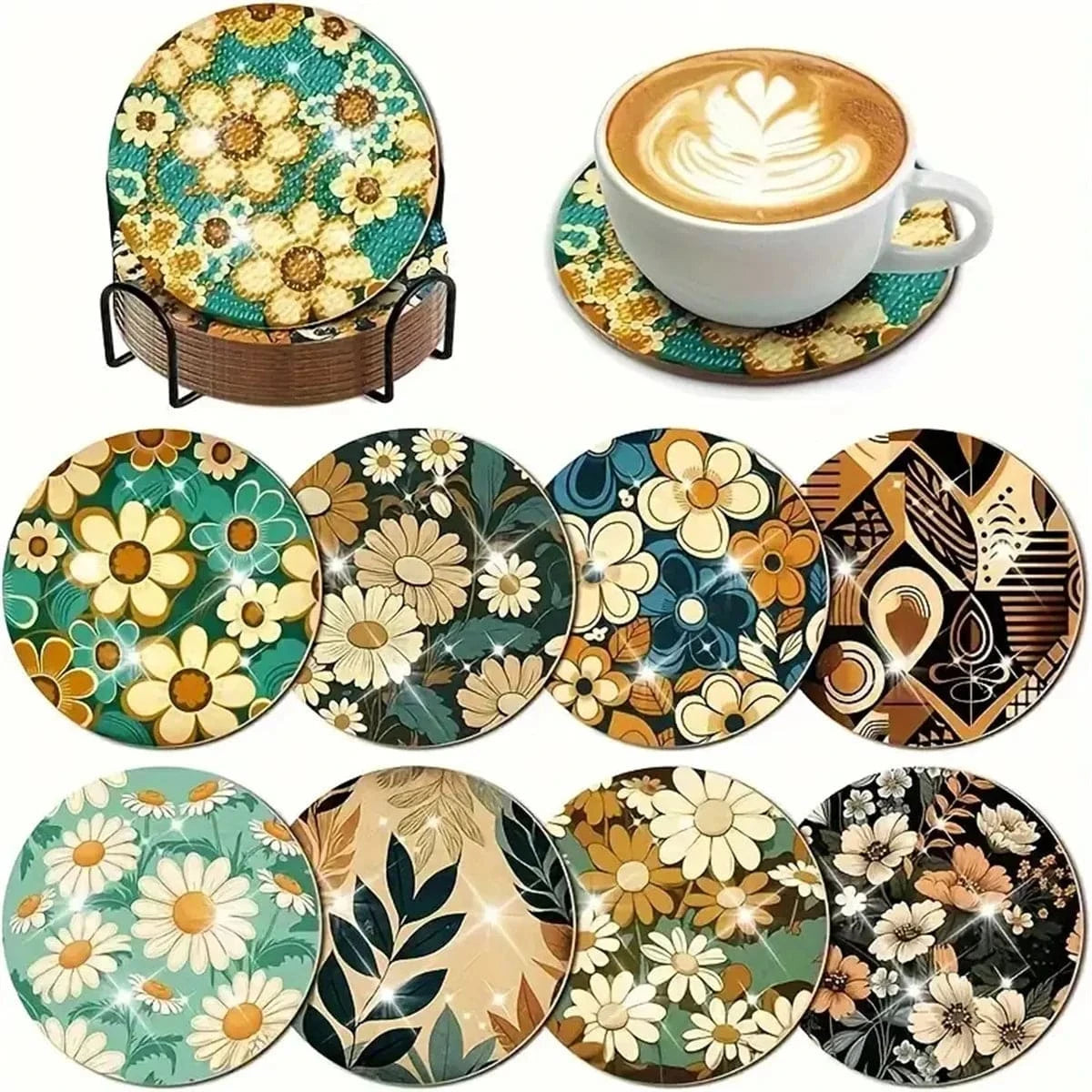 Amazello AA1648-8pcs 8pcs/Set DIY Diamond Painting Coasters with Holder Anti Slip Wood Drip Mats Crystal Rhinestones Diamond Art Coasters for Adults