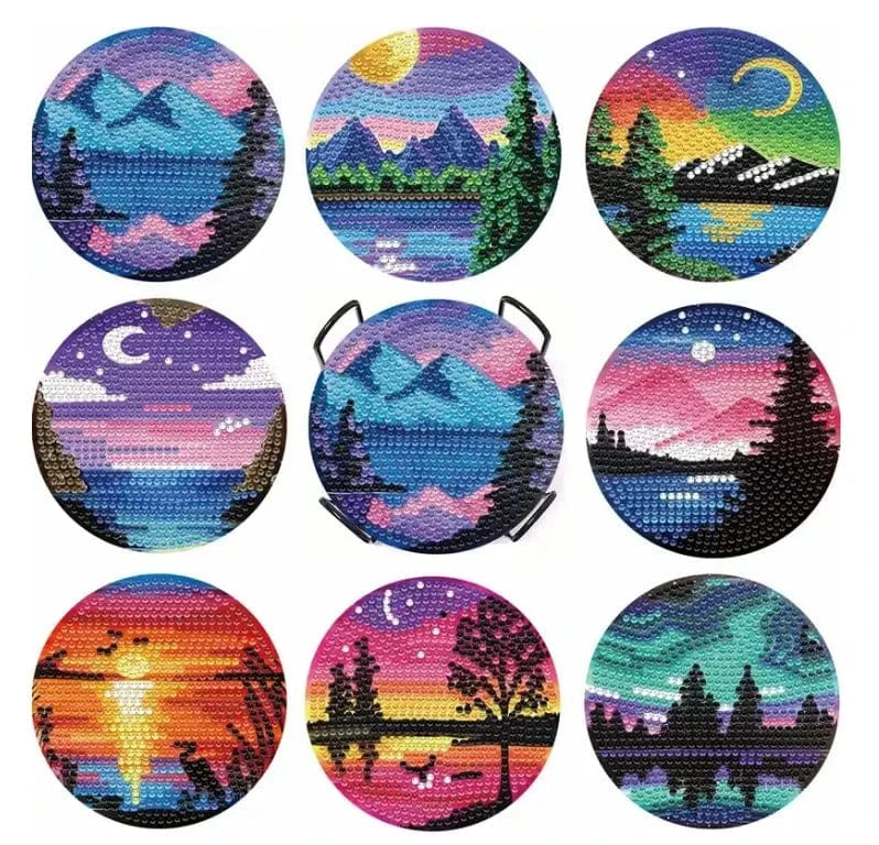 Amazello AA1628-8pcs 8pcs/Set DIY Diamond Painting Coasters with Holder Anti Slip Wood Drip Mats Crystal Rhinestones Diamond Art Coasters for Adults