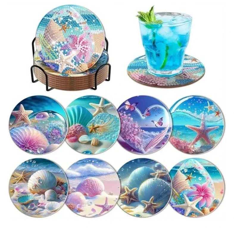 Amazello AA1650-8pcs 8pcs/Set DIY Diamond Painting Coasters with Holder Anti Slip Wood Drip Mats Crystal Rhinestones Diamond Art Coasters for Adults