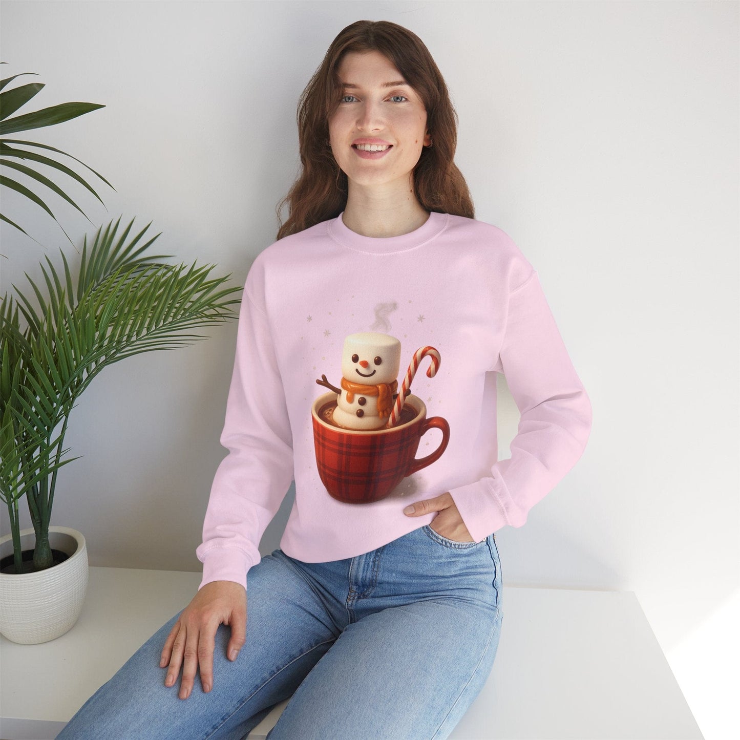 Cute Marshmallow Snowman in Plaid Mug Holiday Crewneck