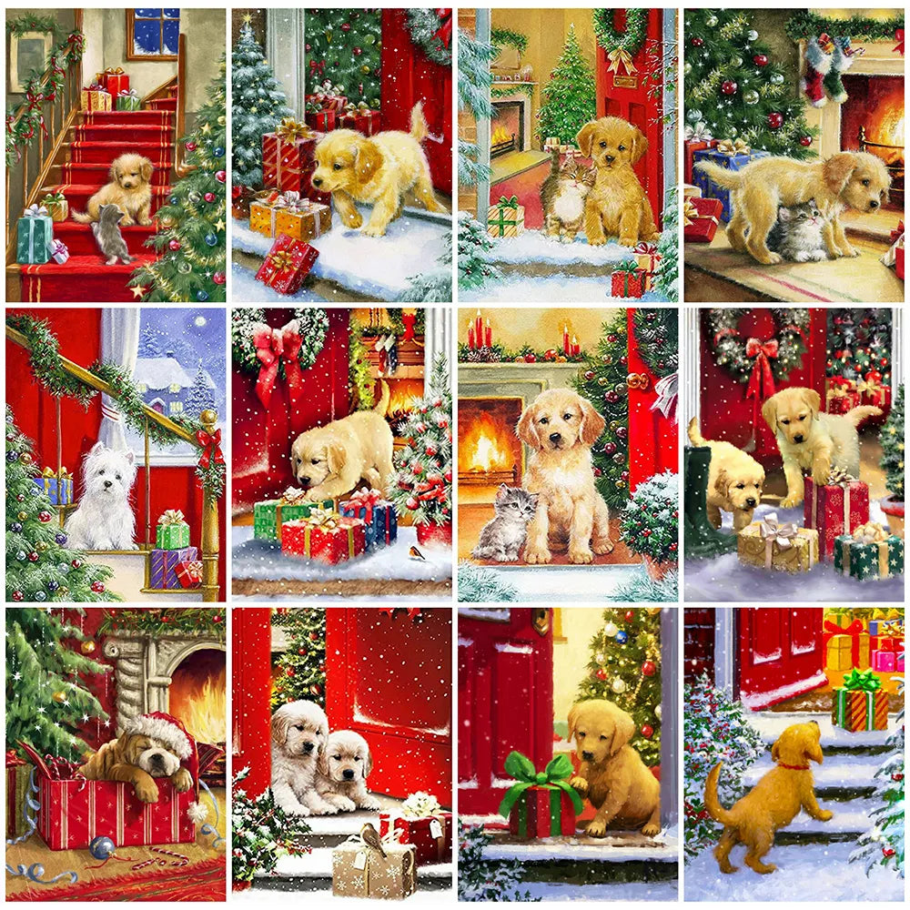 5D Diamond Painting Christmas Puppies Mini Collection