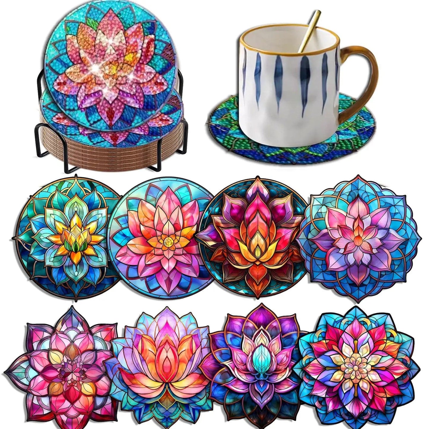 Amazello Art & Craft Kits BD271 / 10x10cm 8pc/Sets Diamond Painting Coasters For Drinks *** HOLDER IS INCLUDED***