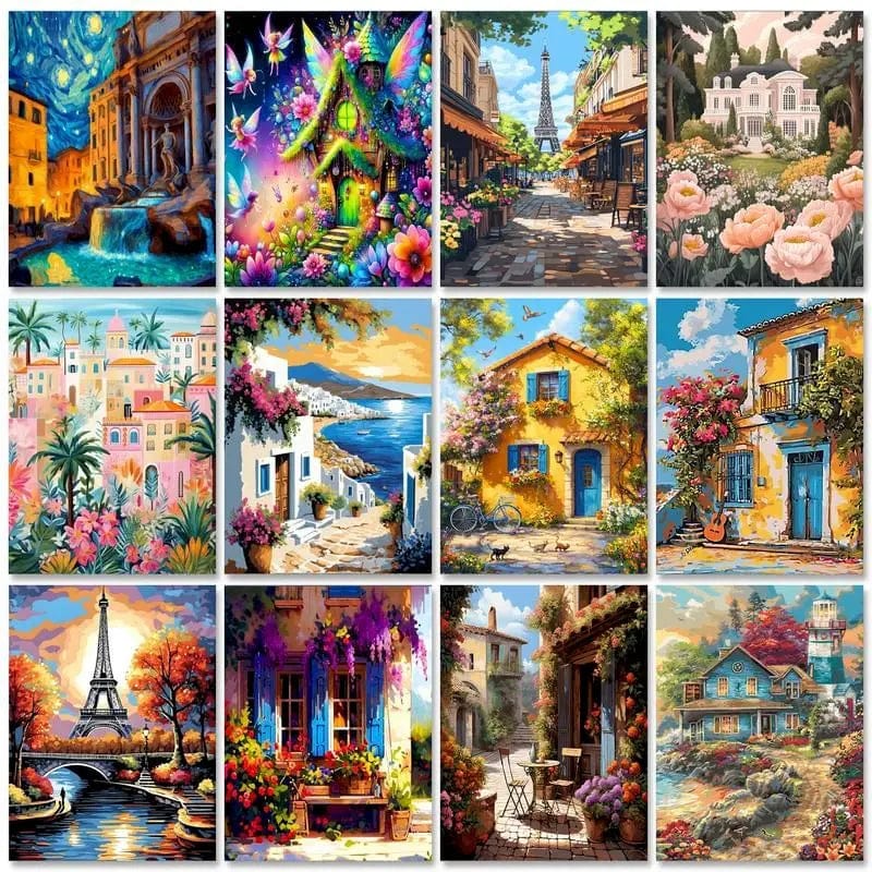 5DDpaints.com arts and crafts kit Charming Vistas Paint by Numbers Collection – DIY Scenic Art Kits