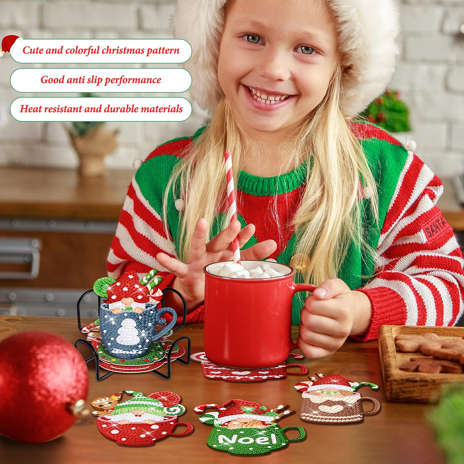 8 PCS Christmas Diamond Art Coasters Santa Claus Diamond Painting Coasters Kits with Holder S