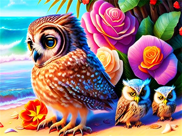 5D Diamond Painting AB Drills - Owl and her Babies on the Beach