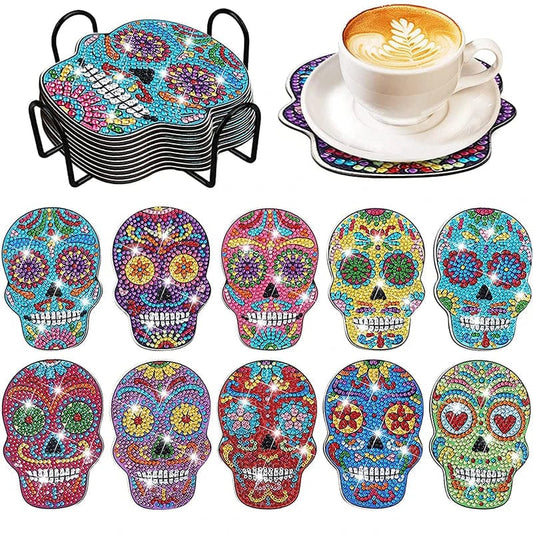 Amazello arts and crafts kit 10pcs / 10x10cm 8pc/sets Diamond Painting Coaster With Rack 5D Skull DIY