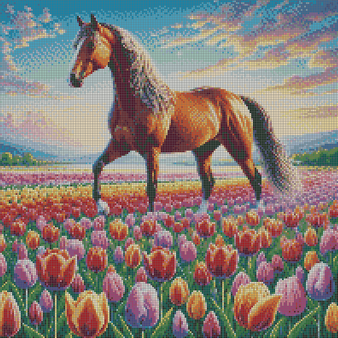 Graceful Horse in Tulip Paradise Diamond Painting Kit