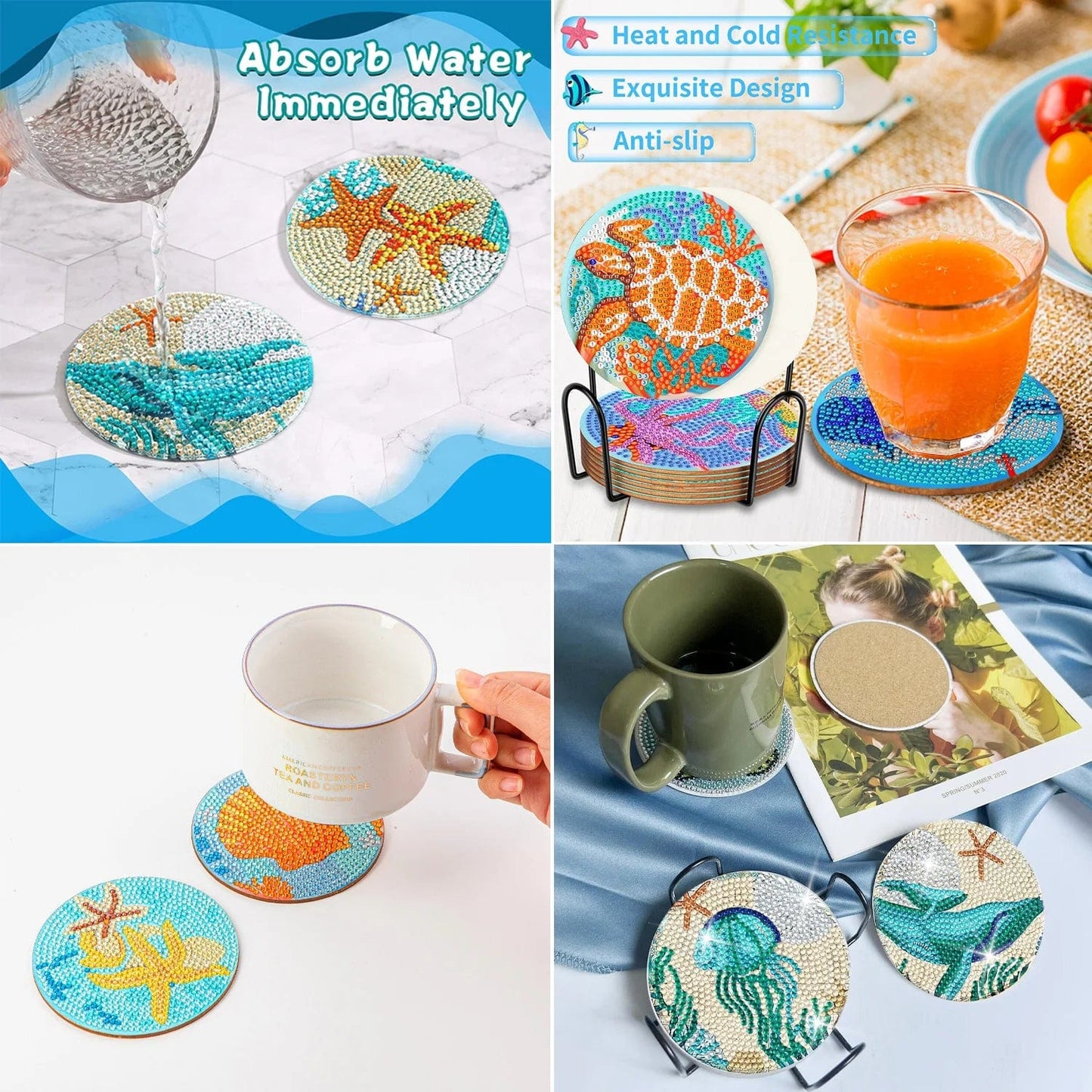 Amazello Art & Craft Kits 8pc/Sets Diamond Painting Coasters For Drinks *** HOLDER IS INCLUDED***