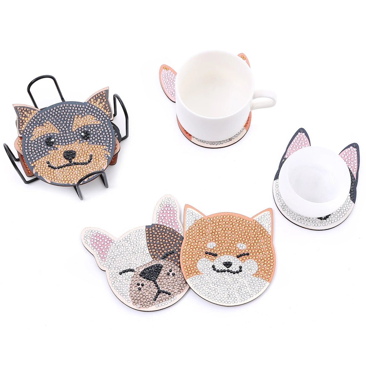 10pcs/Set DIY Dogs Diamond Art Coasters with Holder Anti Slip Wood Coasters ** HOLDER INCLUDED**