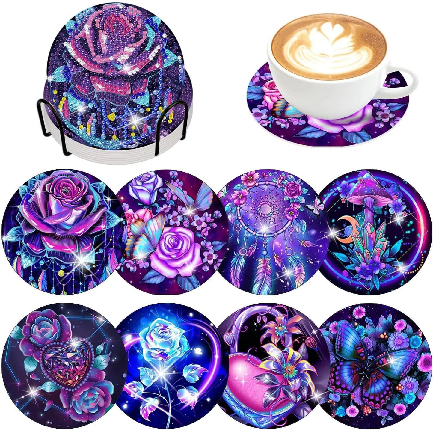 Amazello Art & Craft Kits BD203 / 10x10cm 8pc/Sets Diamond Painting Coasters For Drinks *** HOLDER IS INCLUDED***