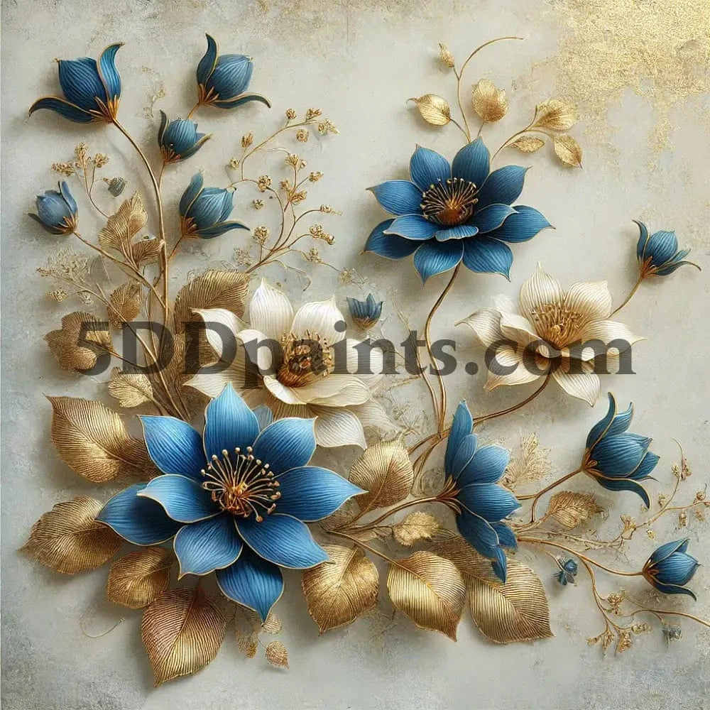 5DDPaints.com arts and crafts kit AB Drills - Elegant Blue & Gold Floral Diamond Painting Kit