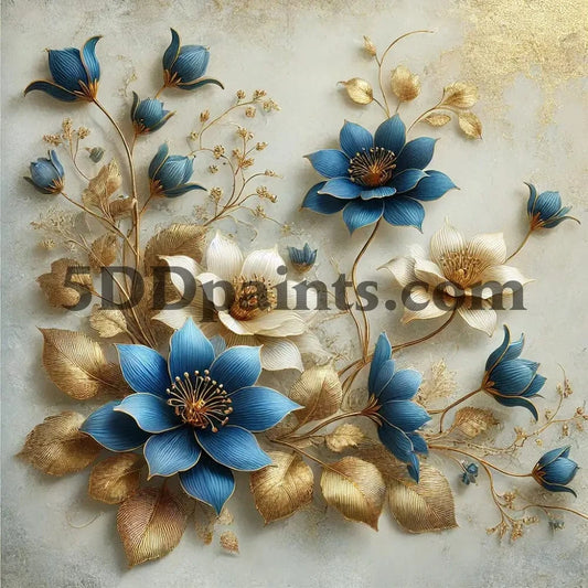 5DDPaints.com arts and crafts kit AB Drills - Elegant Blue & Gold Floral Diamond Painting Kit