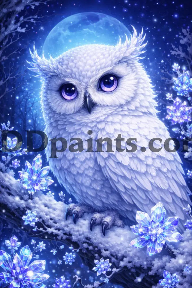 5DDPaints.com home decor (AB Drills) Moonlit Snowy Owl & Crystal Blossoms Diamond Painting Kit
