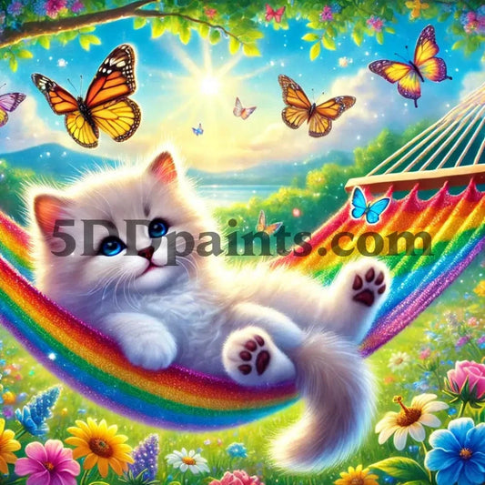 5DDPaints.com arts and crafts kit AB Drills - Rainbow Hammock Kitty Diamond Painting Kit