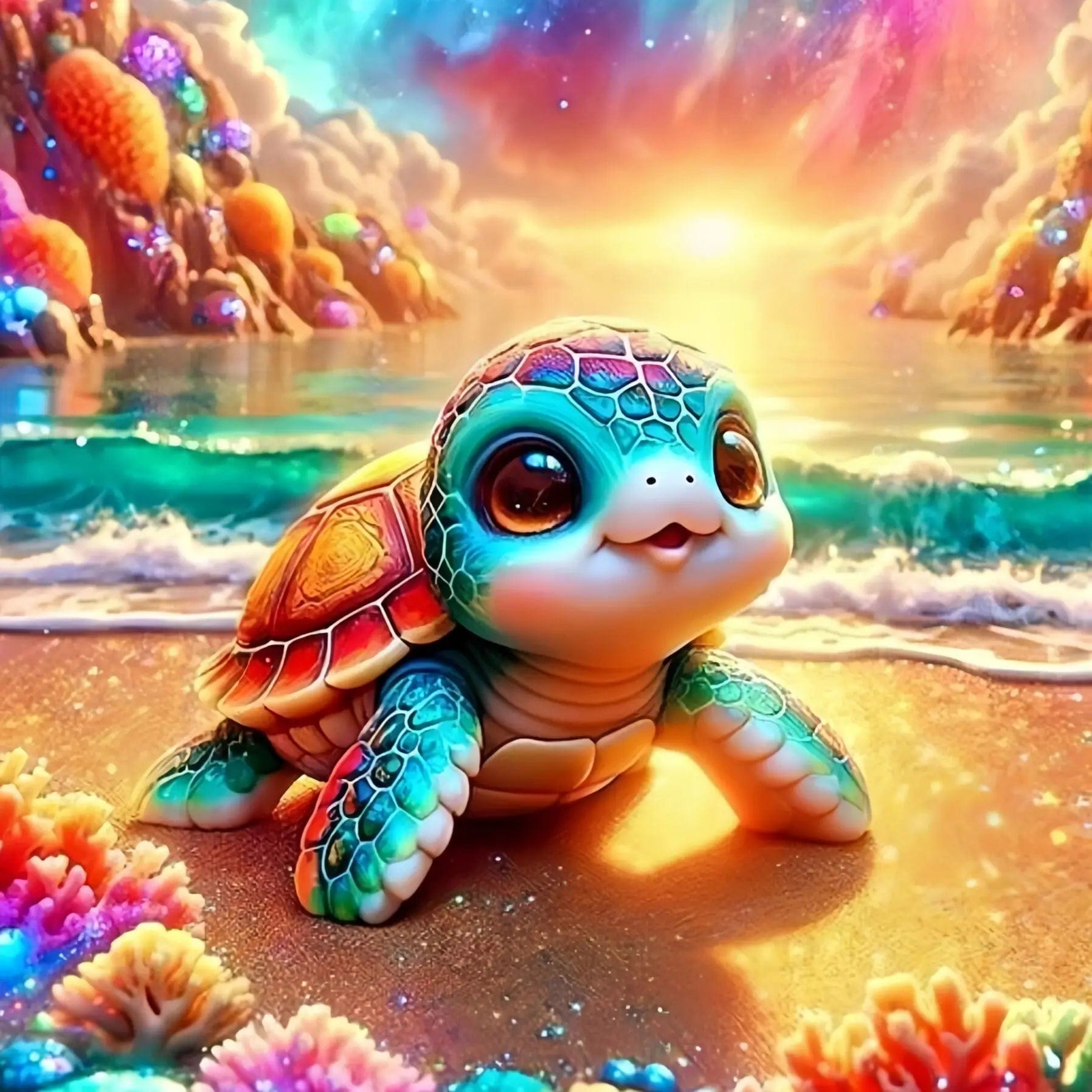 5DDpaints.com arts and crafts kit Full Square 25X25cm Adorable Baby Sea Turtle Diamond Painting Kit