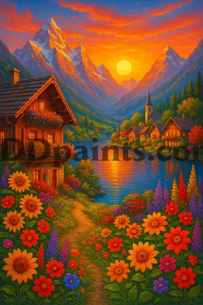 5DDPaints.com arts and crafts kit Alpine Sunset Village Diamond Painting Kit