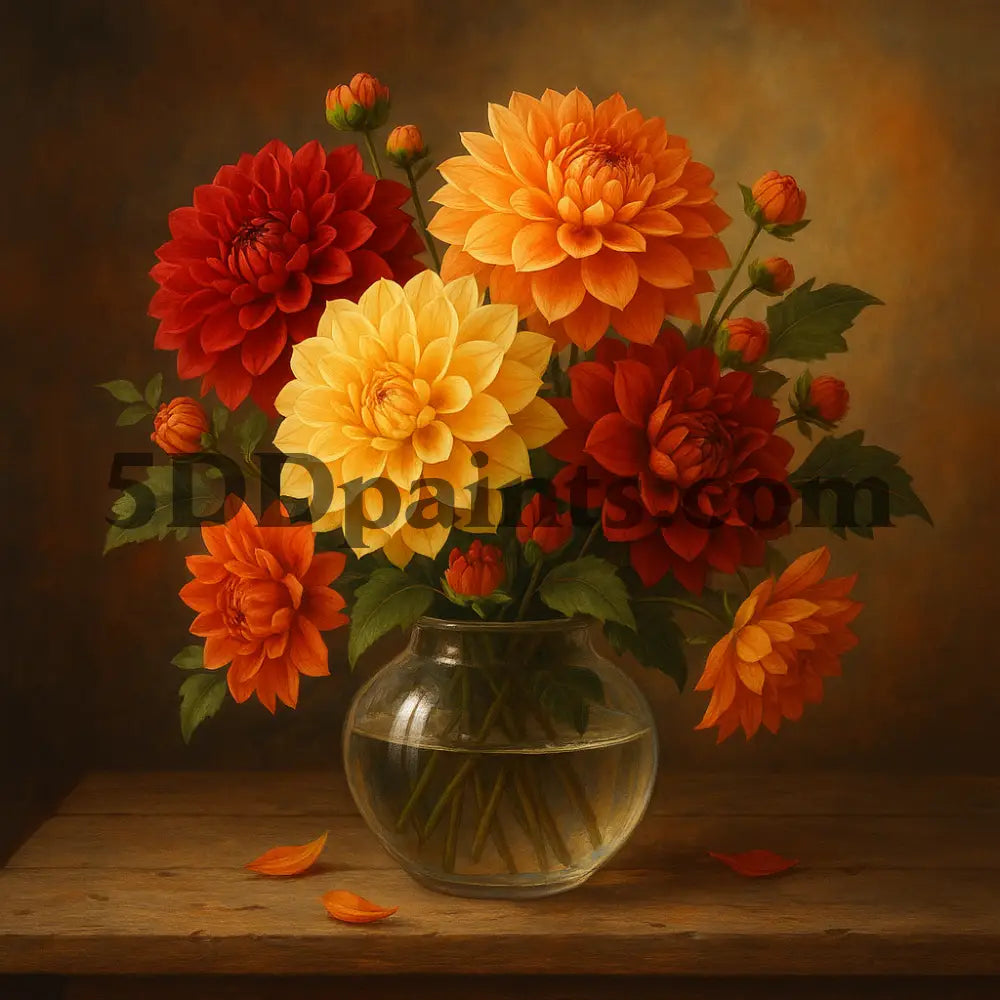 5DDPaints.com arts and crafts kit Autumn Dahlias in Glass Vase Diamond Painting Kit
