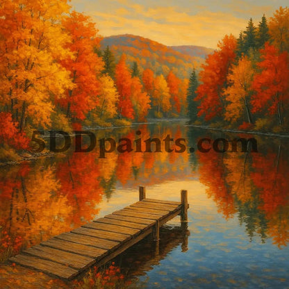 5DDPaints.com arts and crafts kit Autumn Reflections – Lakeside Dock in Fall Diamond Painting Kit