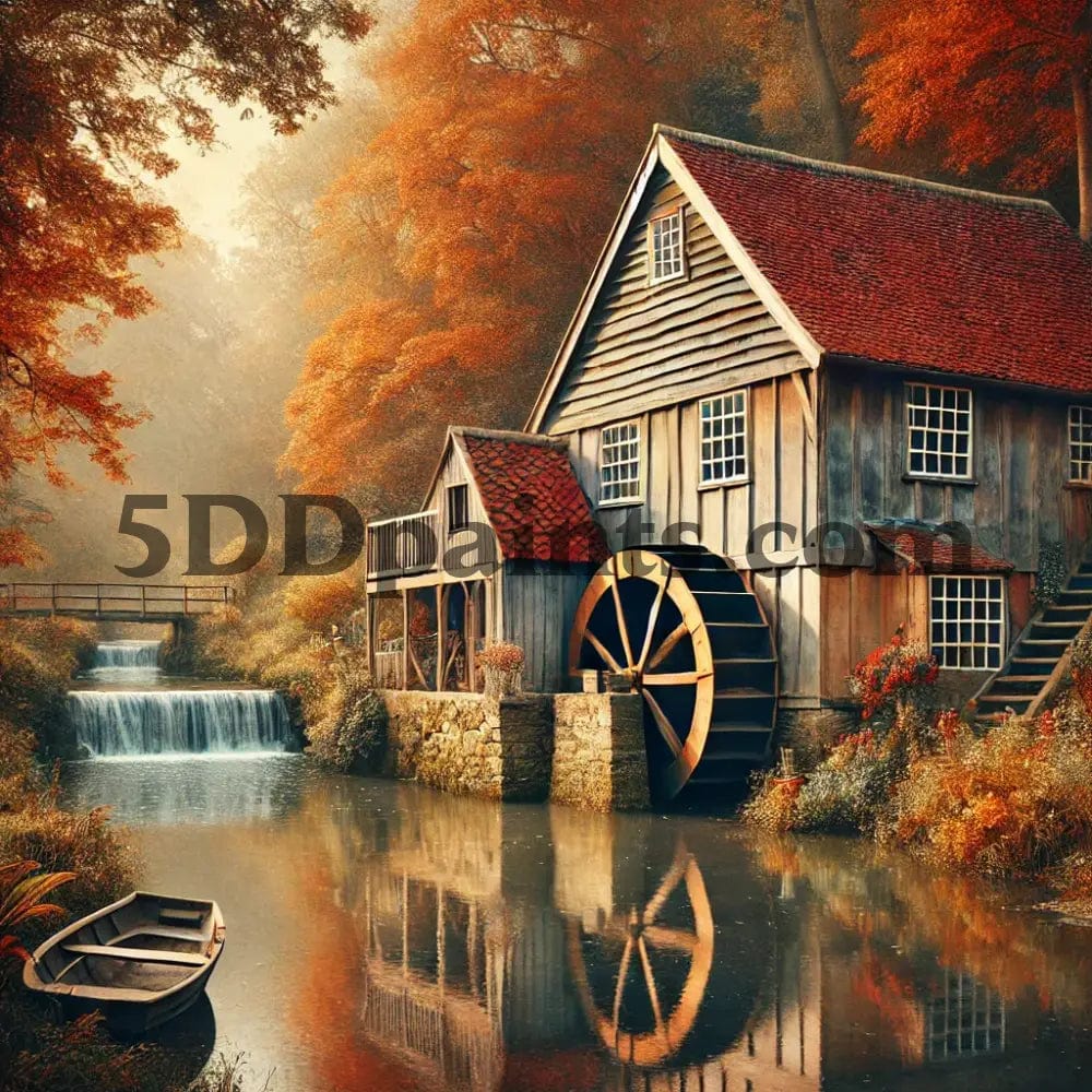 5DDPaints.com arts and crafts kit Autumn Reflections: The Tranquil Watermill - Diamond Painting