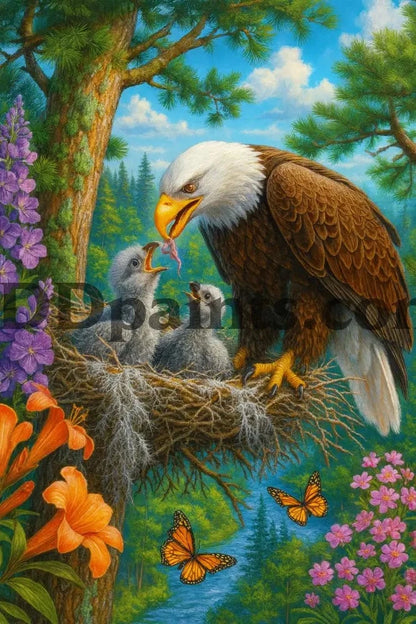 5DDPaints.com arts and crafts kit Bald Eagle Nest with Chicks Diamond Painting Kit