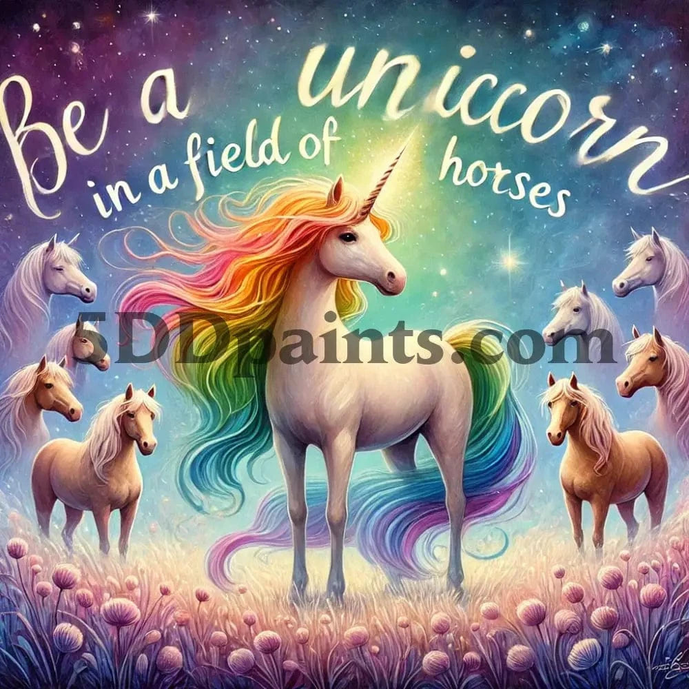 5DDPaints.com arts and crafts kit "Be a Unicorn in a Field of Horses" Diamond Painting Kit – Magical Rainbow Fantasy