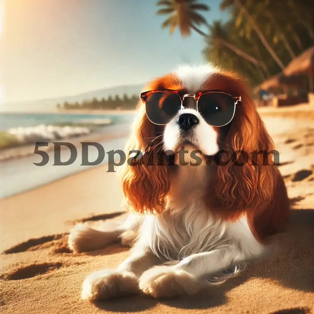 5DDPaints.com arts and crafts kit 20x20cm square / Cavalier King Charles Spaniel Beachside Cool Dog Diamond Painting Kit