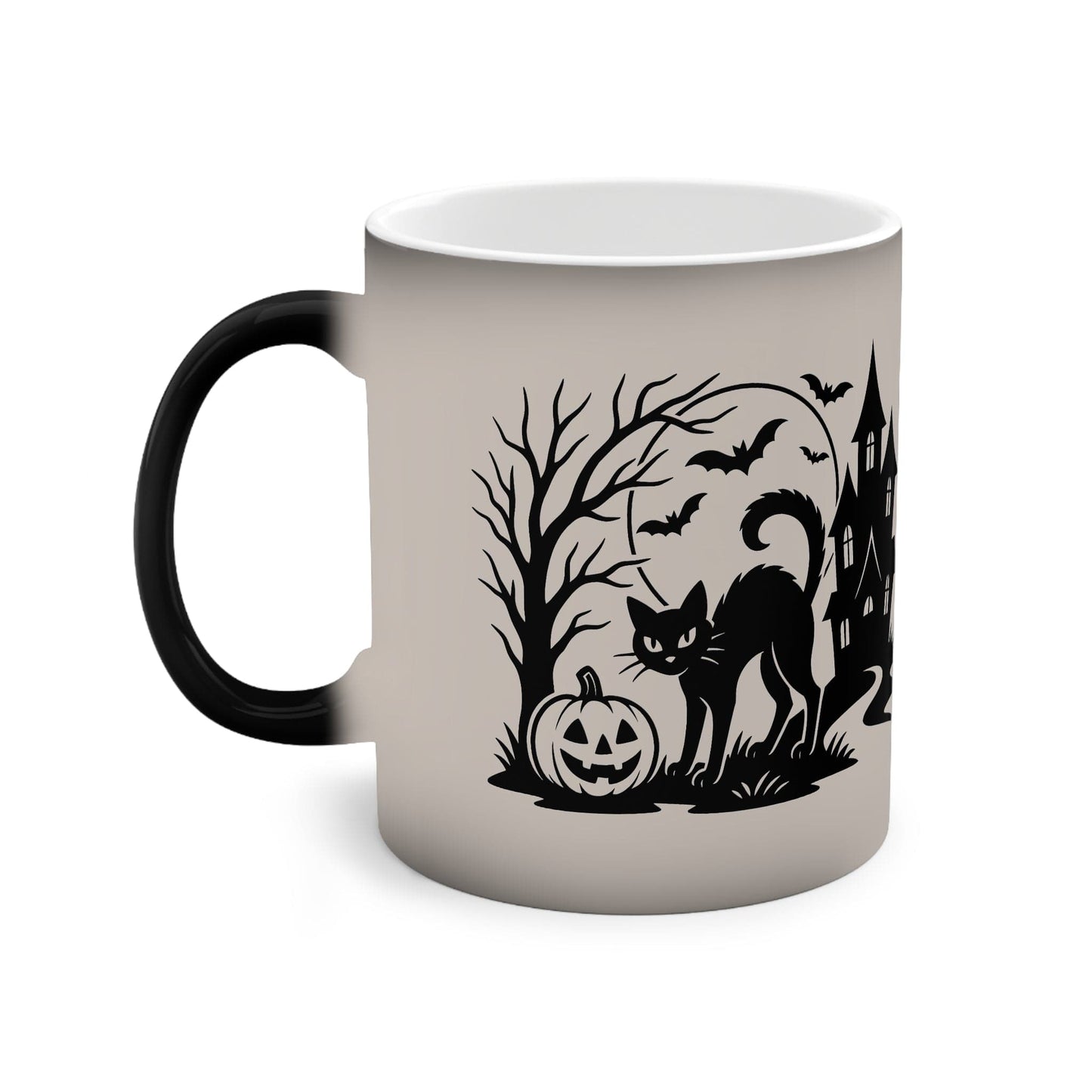 Printify Mug 11oz / Black / Glossy Black Cat Under the Halloween Moon – Color-Changing Mug (11oz)