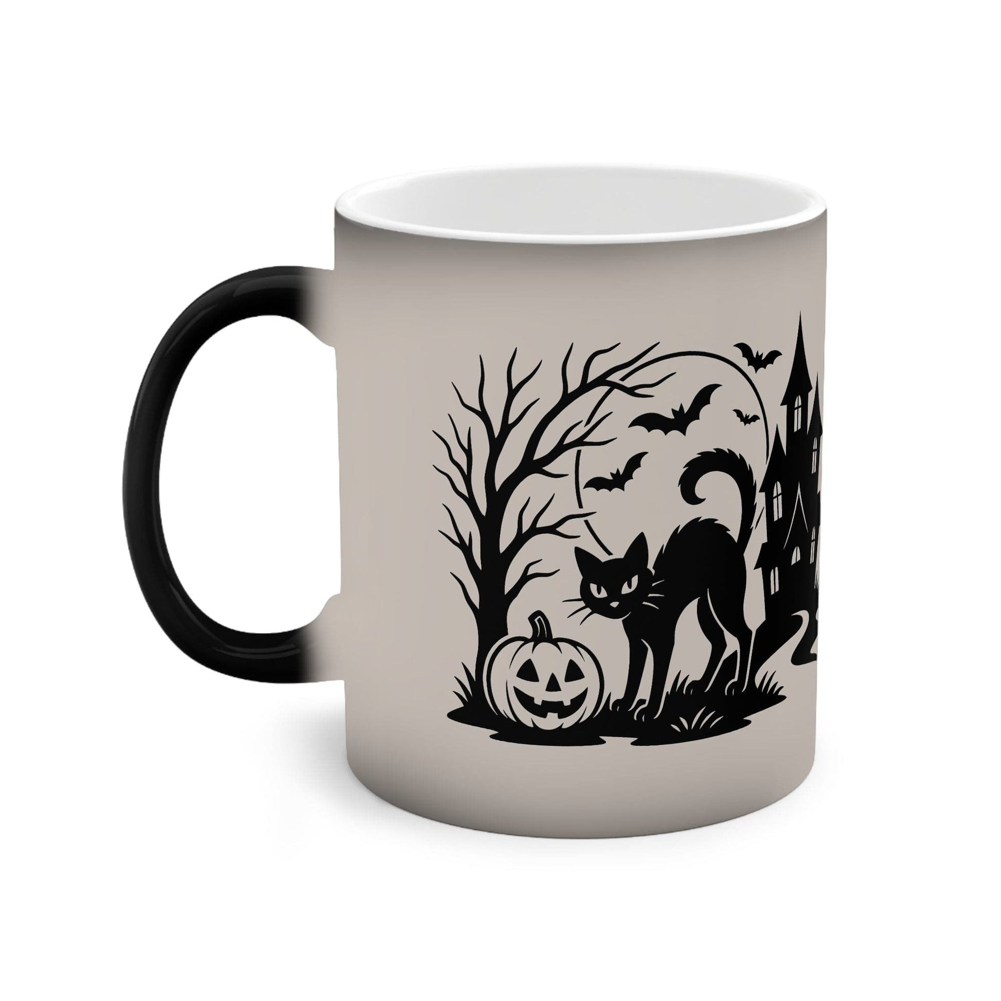 Printify Mug 11oz / Black / Glossy Black Cat Under the Halloween Moon – Color-Changing Mug (11oz)