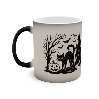 Printify Mug 11oz / Black / Glossy Black Cat Under the Halloween Moon – Color-Changing Mug (11oz)
