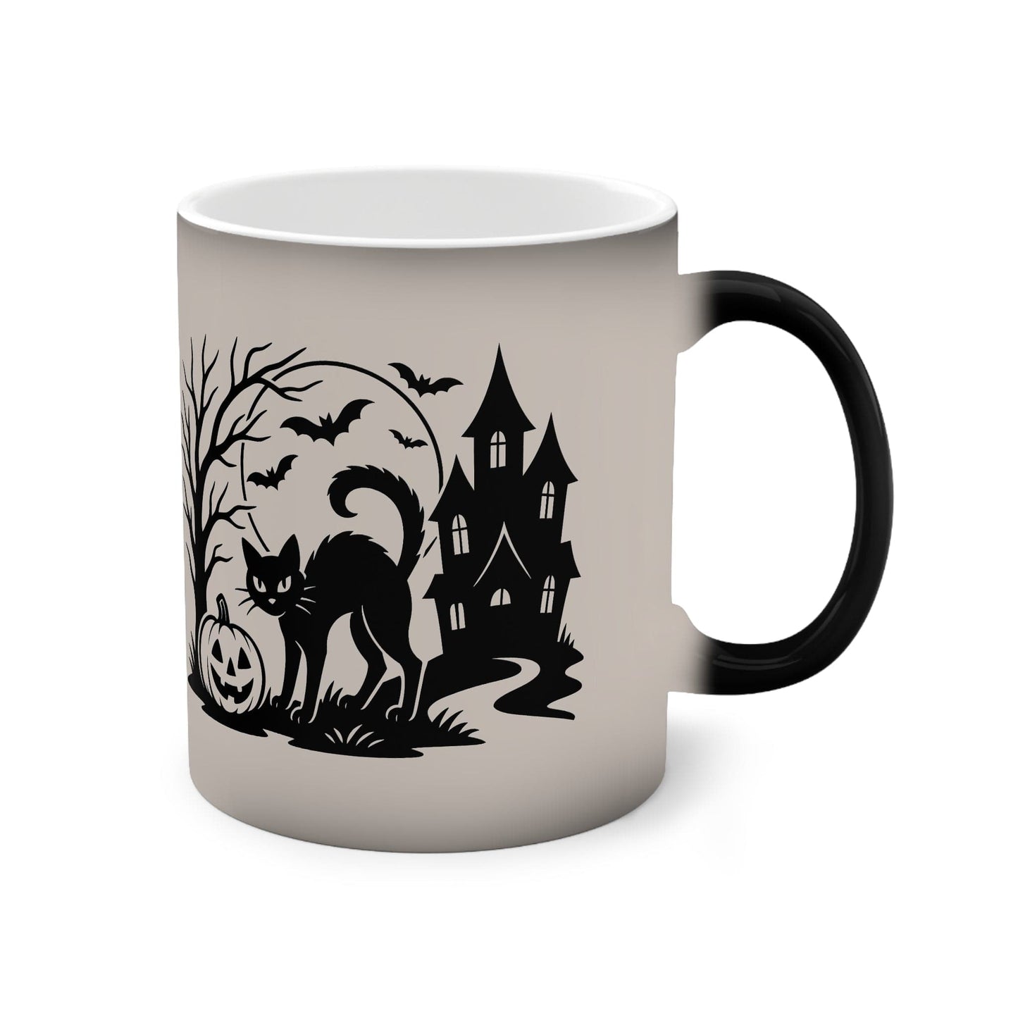 Printify Mug 11oz / Black / Glossy Black Cat Under the Halloween Moon – Color-Changing Mug (11oz)