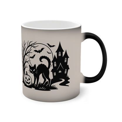 Printify Mug 11oz / Black / Glossy Black Cat Under the Halloween Moon – Color-Changing Mug (11oz)