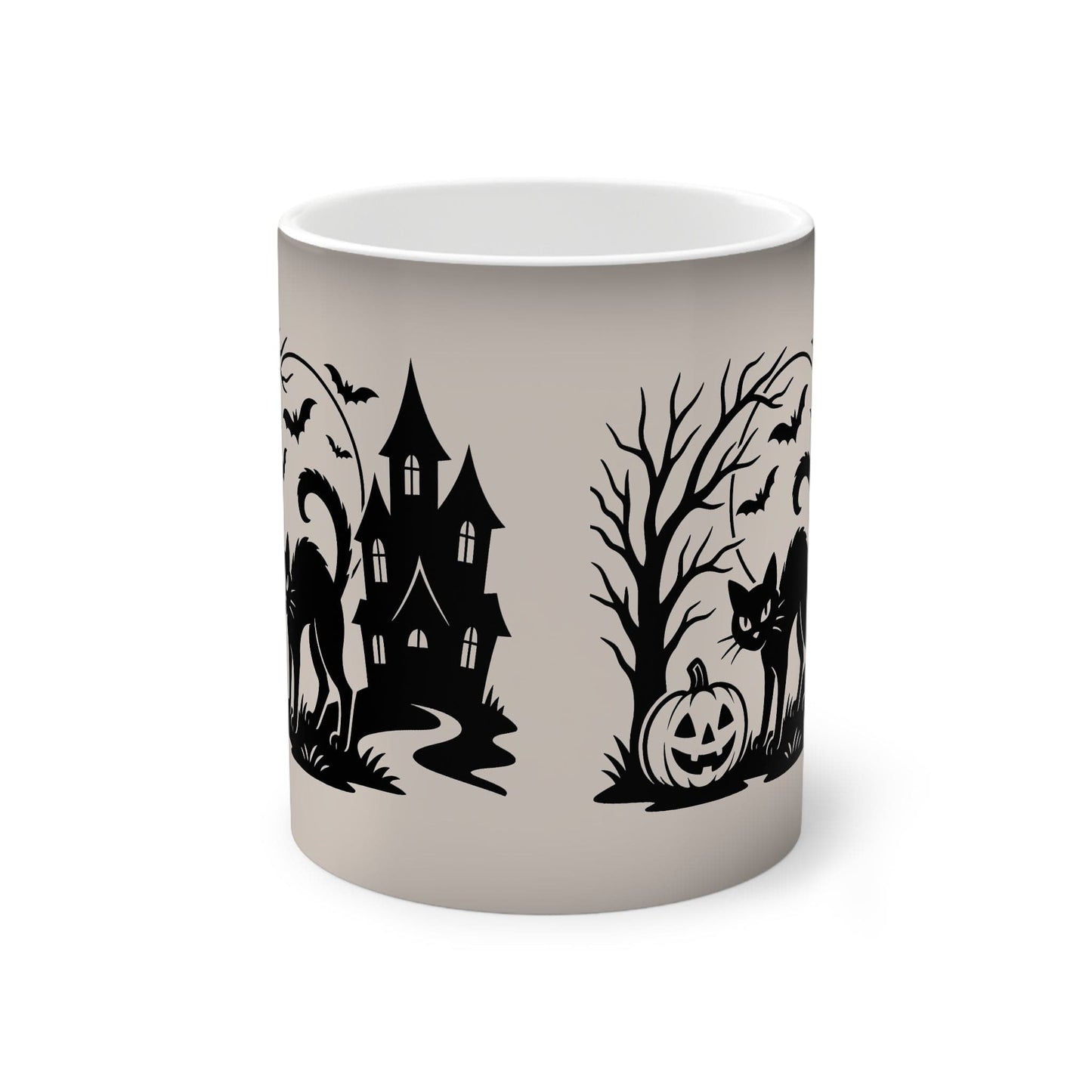 Printify Mug 11oz / Black / Glossy Black Cat Under the Halloween Moon – Color-Changing Mug (11oz)