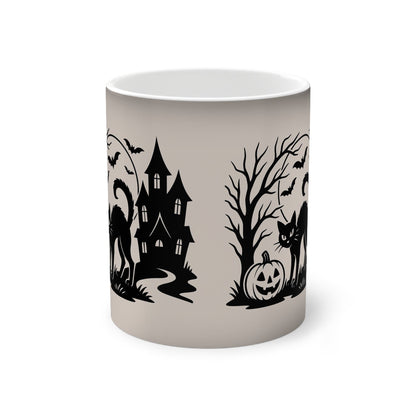 Printify Mug 11oz / Black / Glossy Black Cat Under the Halloween Moon – Color-Changing Mug (11oz)
