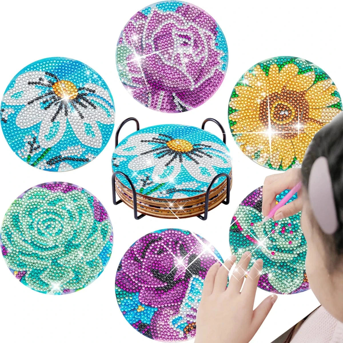 5DDpaints.com arts and crafts kit BD016 / 10x10cm Blooming Beauty Diamond Painting Coaster Set (6-Piece with Holder)