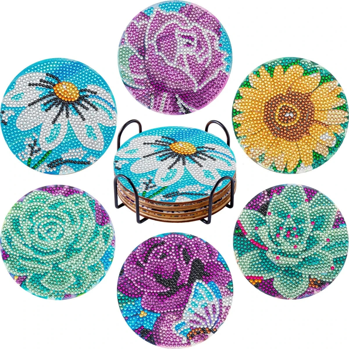 5DDpaints.com arts and crafts kit BD016 / 10x10cm Blooming Beauty Diamond Painting Coaster Set (6-Piece with Holder)