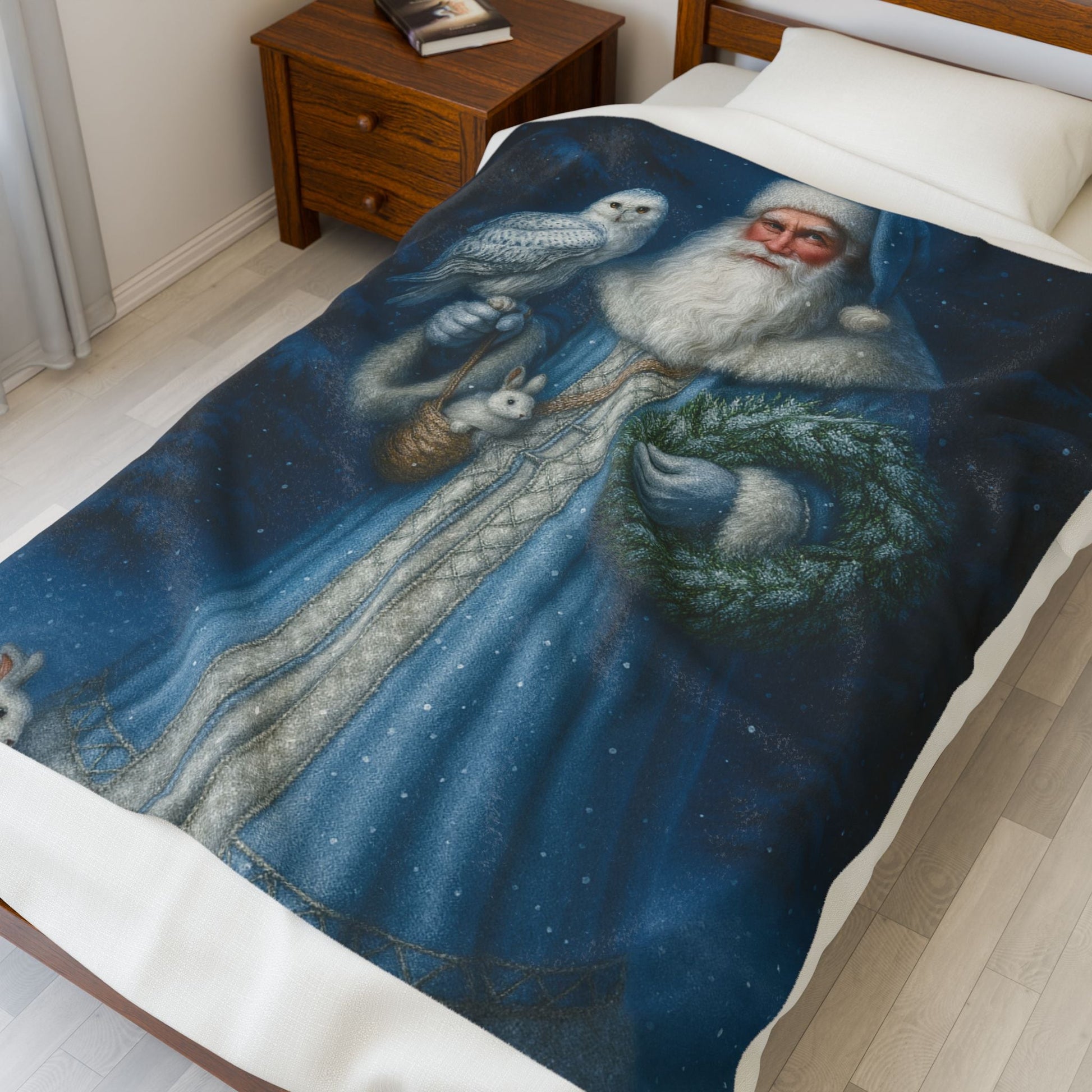 Printify All Over Prints Blue Santa Velveteen Plush Blanket – Enchanted Winter Woodland Throw (60x80)
