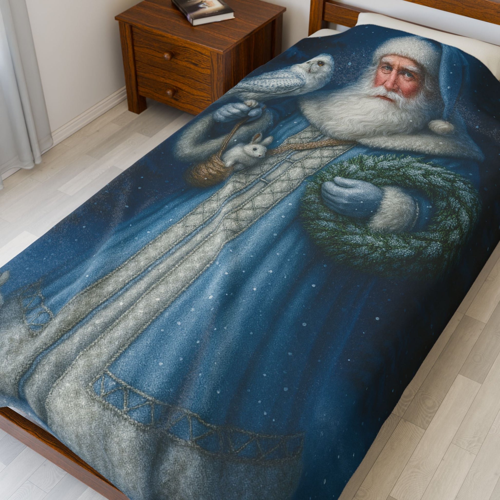Printify All Over Prints Blue Santa Velveteen Plush Blanket – Enchanted Winter Woodland Throw (60x80)