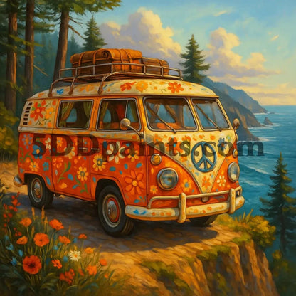 5DDPaints.com arts and crafts kit California Love Hippie Van by the Coast – Diamond Painting Kit