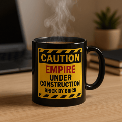 Printify Mug Caution: Empire Under Construction Black Mug — 'Brick by Brick' Novelty Coffee Cup