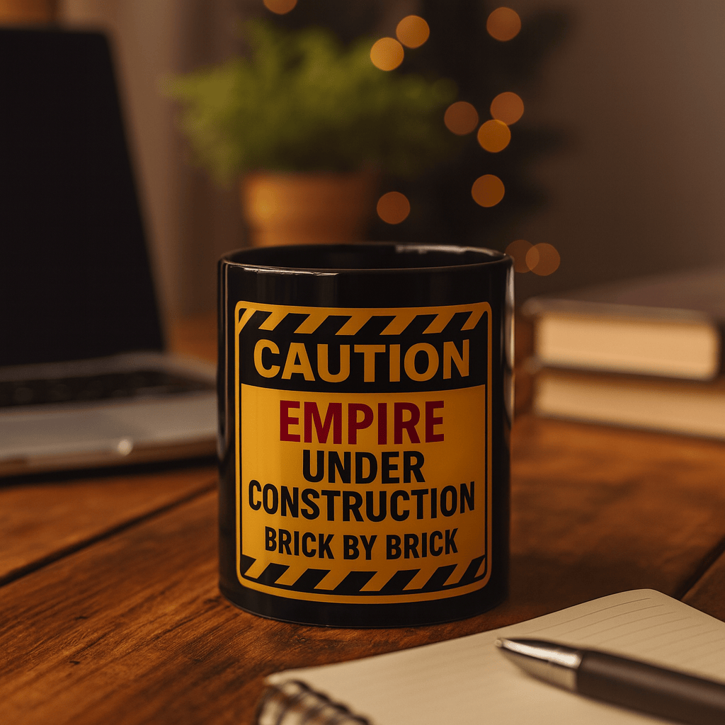 Printify Mug Caution: Empire Under Construction Black Mug — 'Brick by Brick' Novelty Coffee Cup