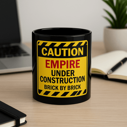 Printify Mug Caution: Empire Under Construction Black Mug — 'Brick by Brick' Novelty Coffee Cup