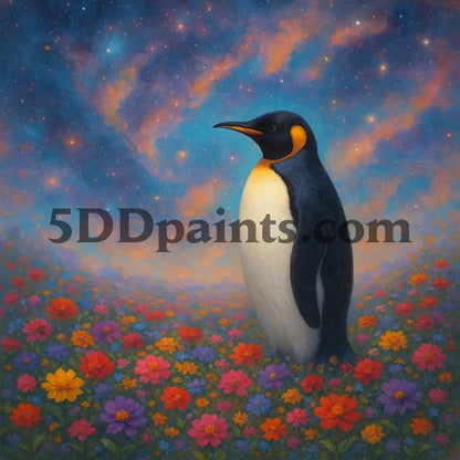 5DDPaints.com arts and crafts kit Celestial Stroll – Penguin in a Starry Wildflower Field Diamond Painting Kit