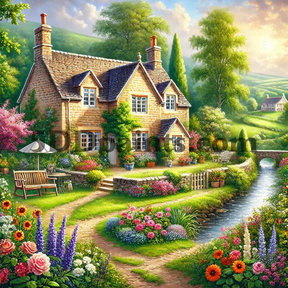 5DDPaints.com arts and crafts kit Charming Cottage by the Stream Diamond Painting – Serene 5D DIY Kit